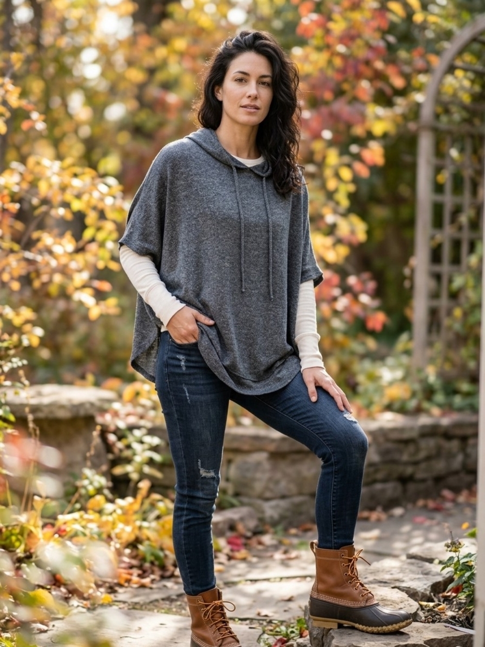 Aerie Just Add Leggings Grey Hooded Poncho Sweater Cozycore Slouchy Dolman Cape